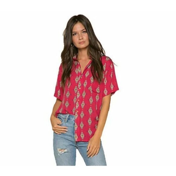 Raga Small Alice Button Down Short Sleeve Boyfriend Medallion Shirt Viscose - Picture 1 of 10